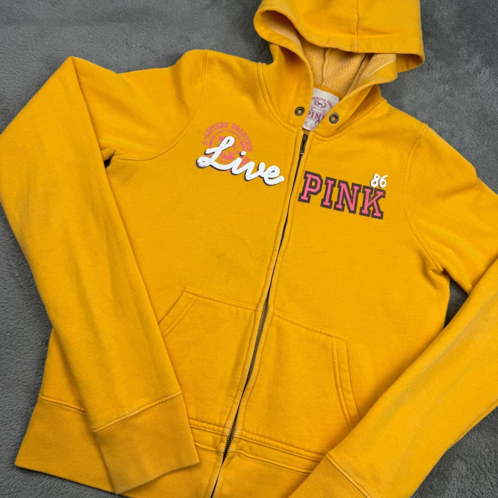 PINK Victoria's Secret Hoodie Women M Yellow Good Y2K Live PINK 86 Graphic Zip